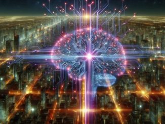 A glowing AI brain network decentralizing outwards into a futuristic cityscape, representing efforts to decentralize artificial intelligence systems