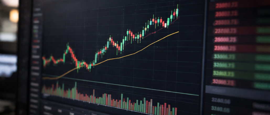 A computer monitor displaying an Ethereum (ETH/USD) candlestick price chart with rising trend lines and trading volume bars on a cryptocurrency trading interface.