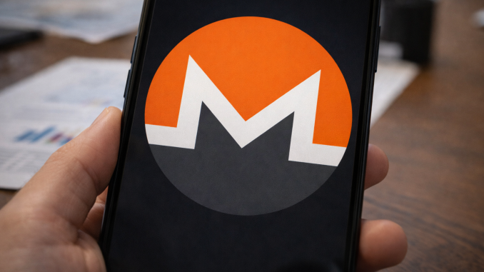 A smartphone held in hand displays the Monero cryptocurrency logo on its screen, with financial documents blurred in the background.
