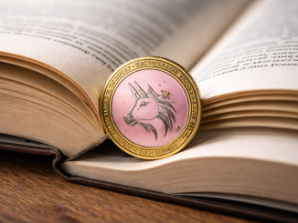 A cryptocurrency token featuring a unicorn emblem resting on the pages of an open book.