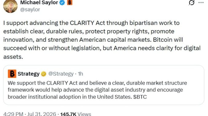 Saylor and Strategy Officially Back CLARITY Act for US Crypto